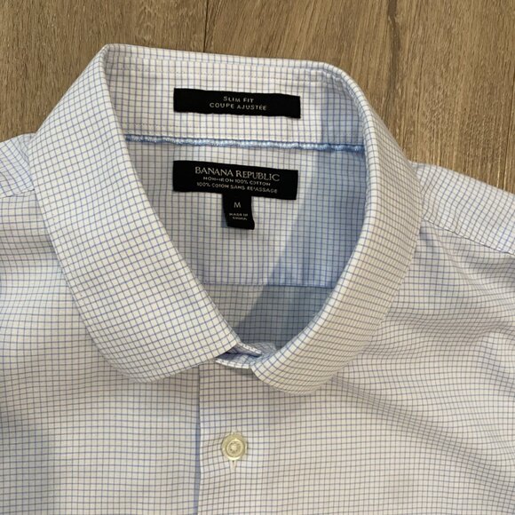 Banana Republic Slim Fit Non-Iron Dress Shirt — Blue Mini Grid (Men’s M) - Picture 2 of 10